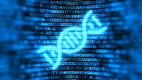 Digital screen with DNA strands and data background. Double helix structure. Nucleic acid sequence. Genetic research. 3d illustration.