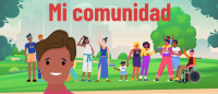 Illustration with close up of Latinx woman and diverse range of LGBTQ individuals. Text: Mi comunidad
